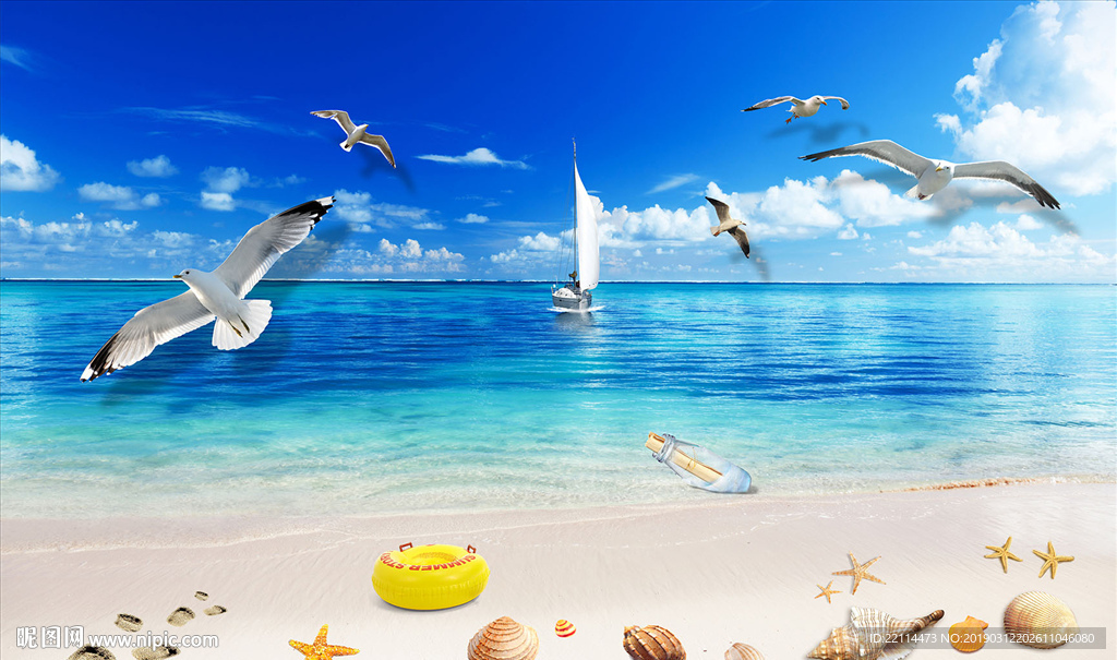 炎炎夏日深蓝度假海滩背景墙壁画
