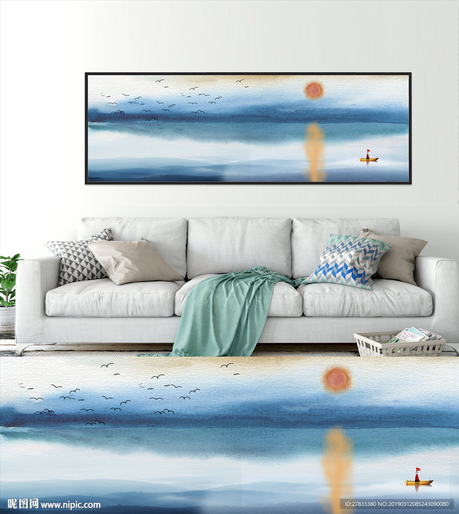 新中式抽象油画风景山水中国风蓝