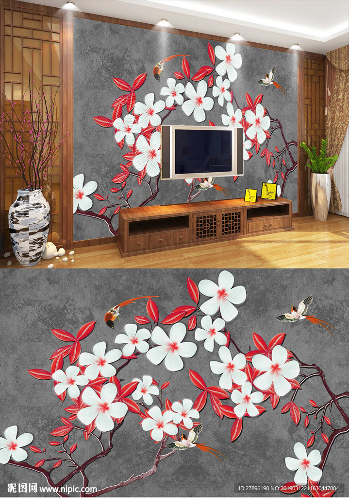 花鸟唯美电视背景墙