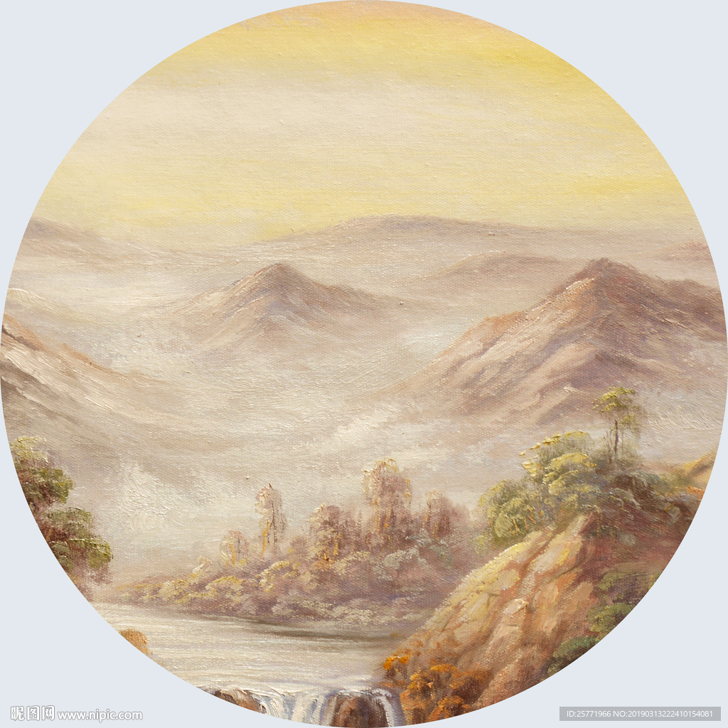 油画山水画 圆形油画装饰画