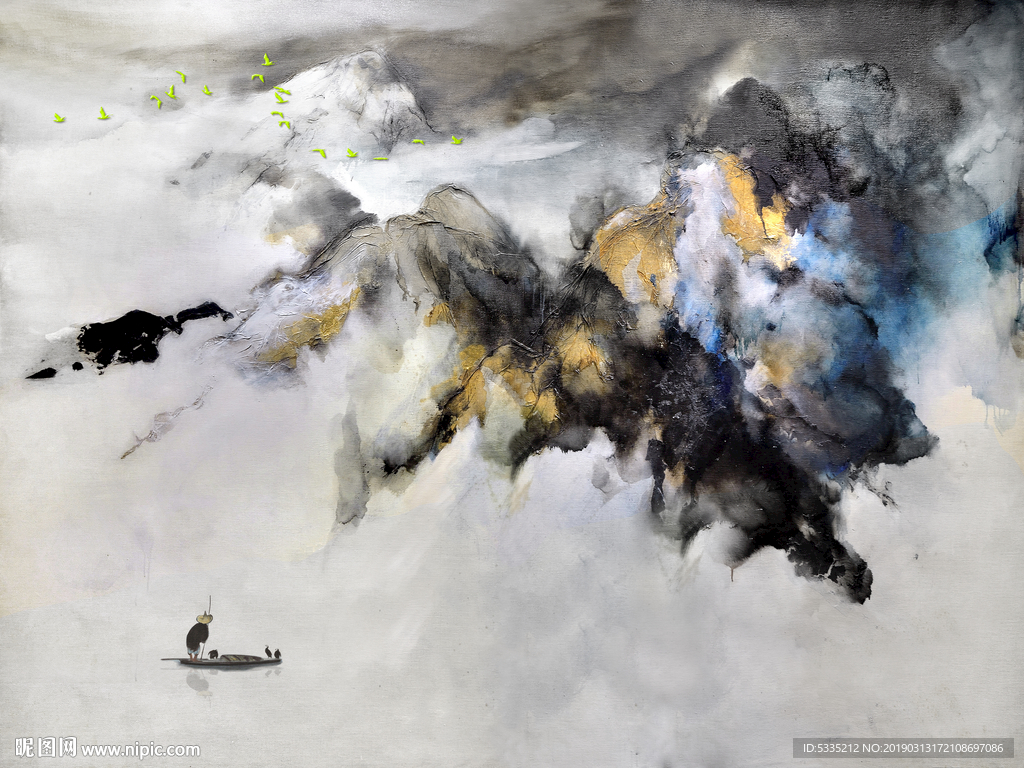 新中式抽象意境水墨山水画背景墙