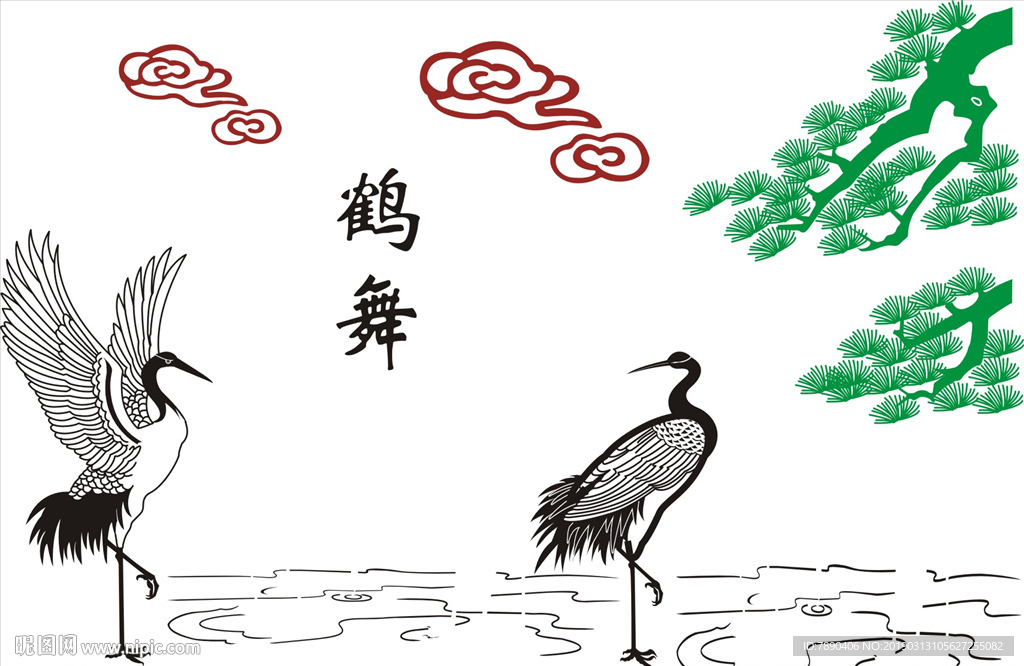 硅藻泥矢量图鹤舞祥云