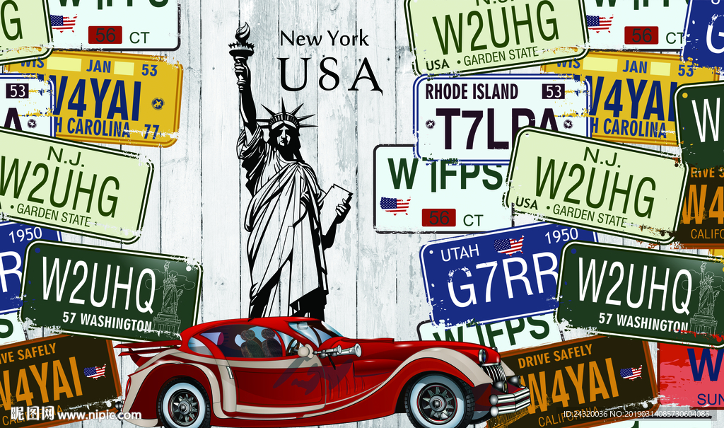 潮流车牌古董车背景墙装饰画