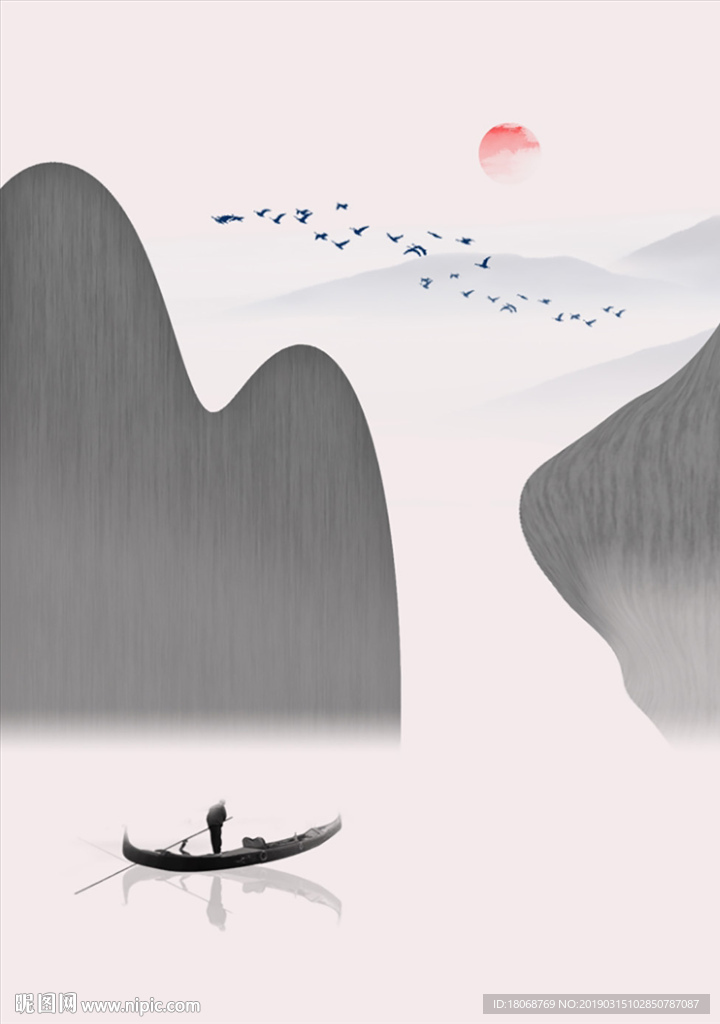 极简抽象手绘山水小船风景装饰画