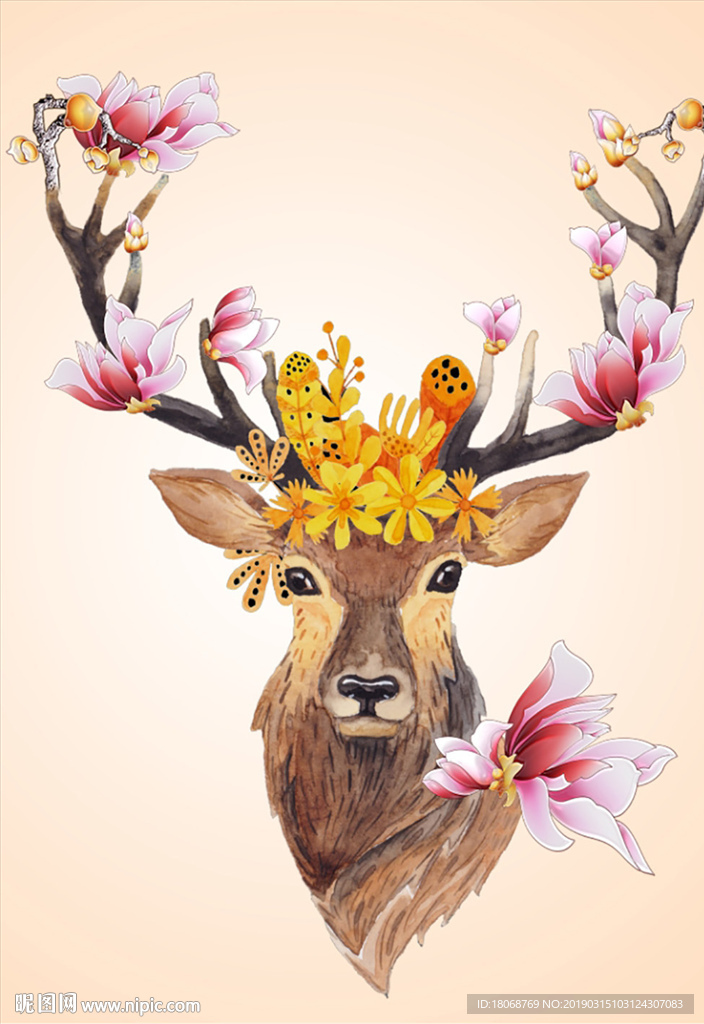 吉祥如意麋鹿花朵装饰画