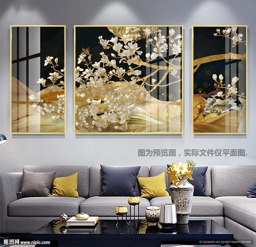 轻奢山水新中式花鸟三联装饰画