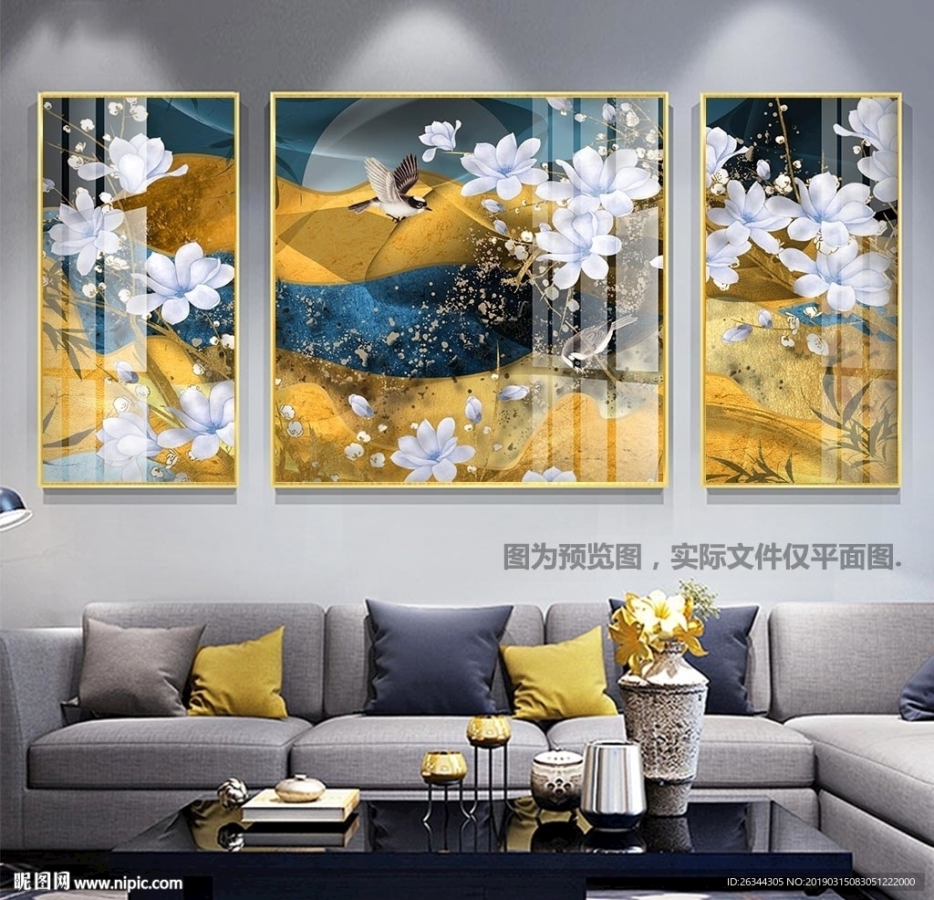新中式轻奢花鸟沙发三联装饰画