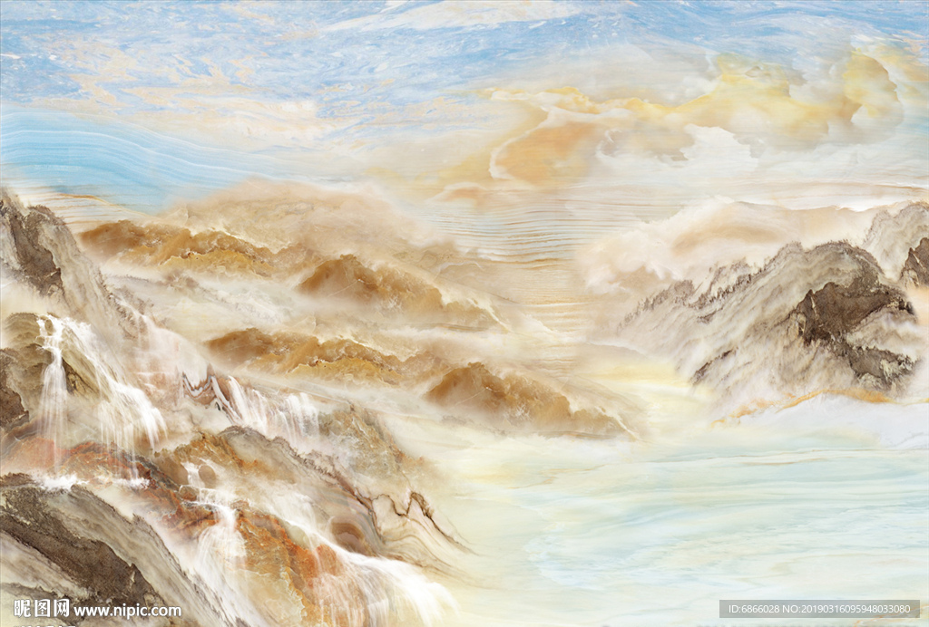 新中式大理石纹背景墙山水画