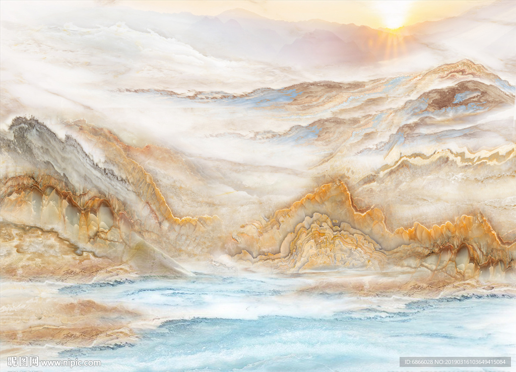 新中式大理石纹背景墙山水画