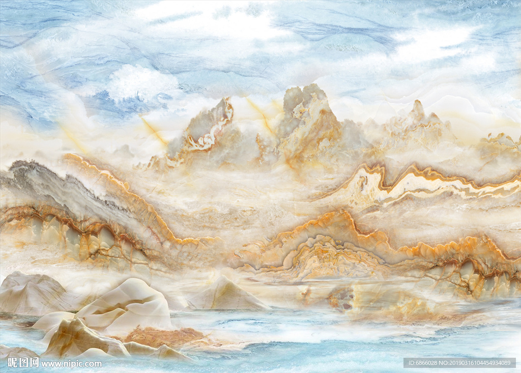 新中式大理石纹背景墙山水画