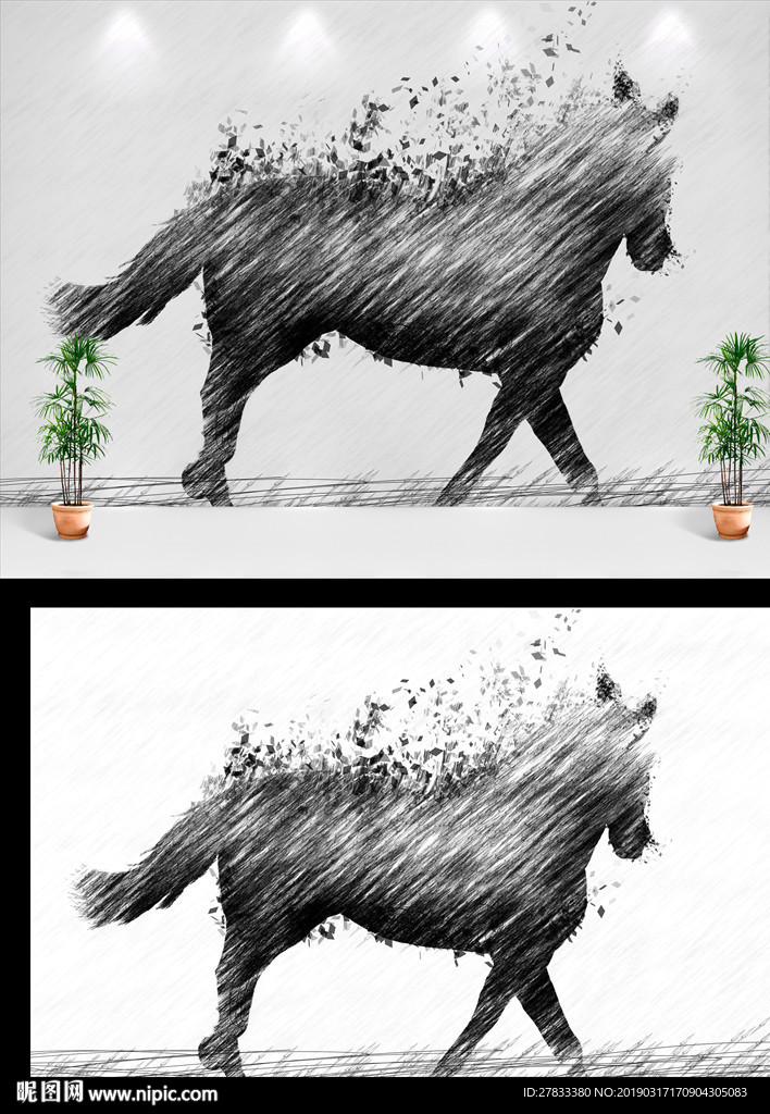 手绘黑白马