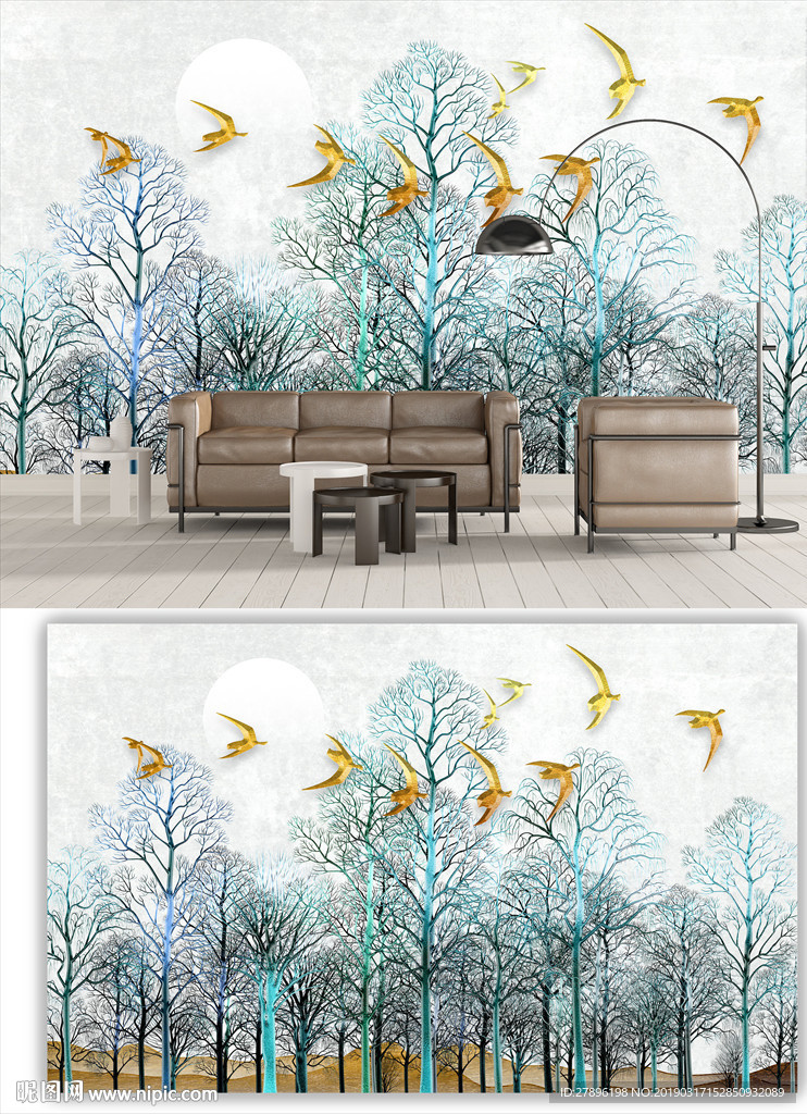 树林飞鸟背景墙
