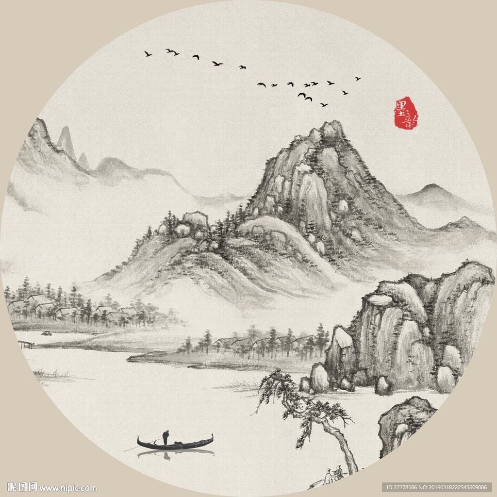 山水壁画 圆形山水壁画