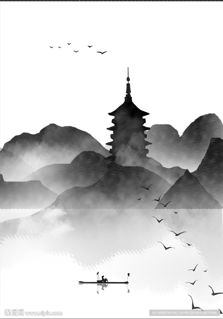 中式黑色水墨抽象山水意境装饰画
