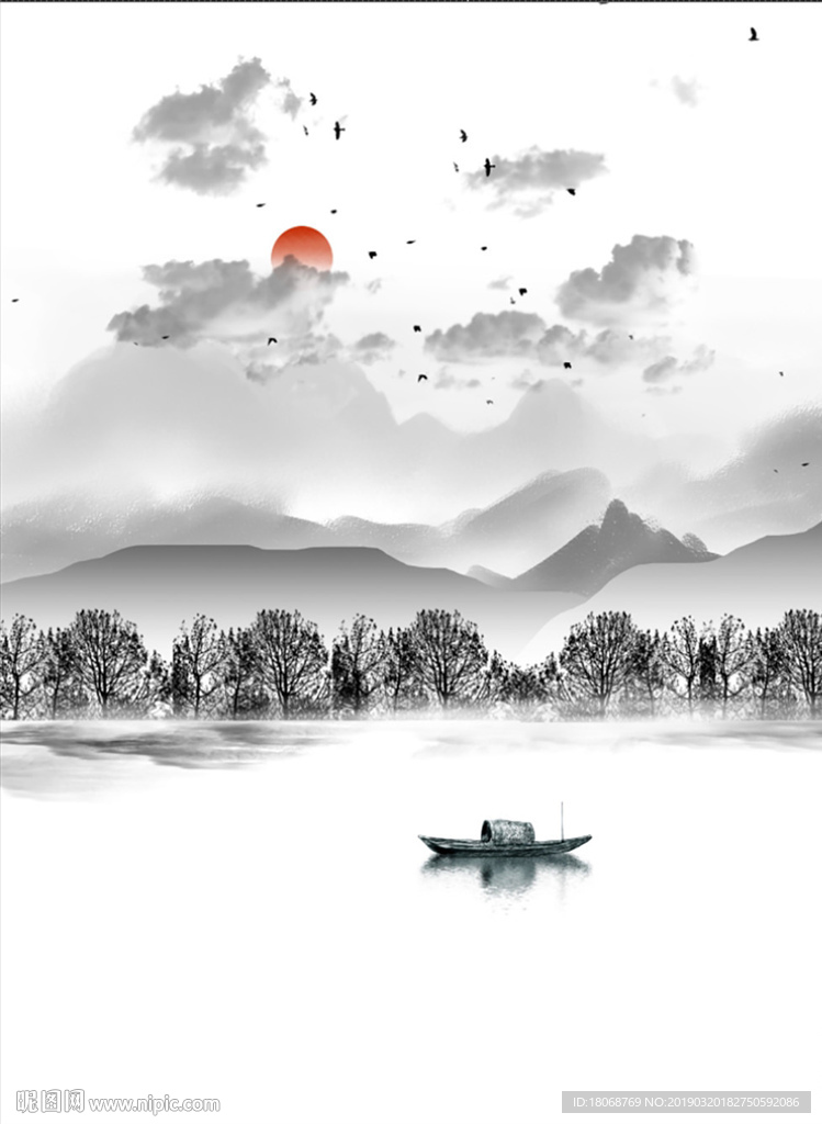 盘旋大雁群意境禅意山水装饰画