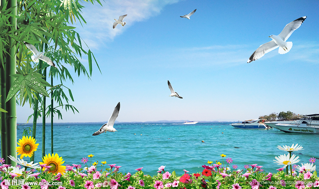 美丽大海竹子花卉电视背景墙