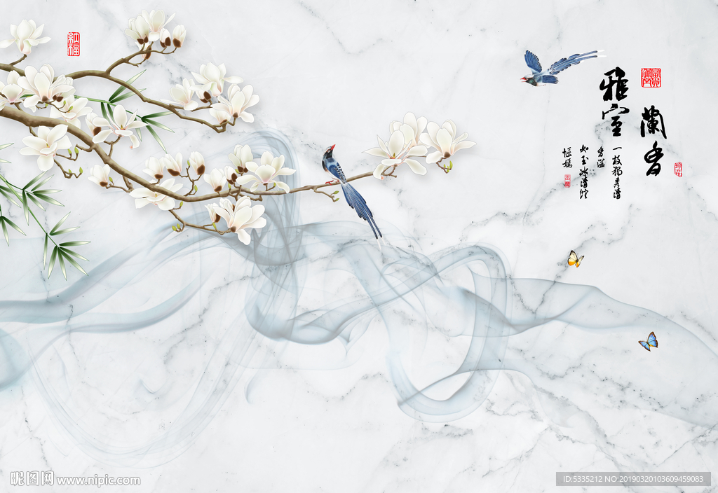 玉兰花花鸟大理石背景