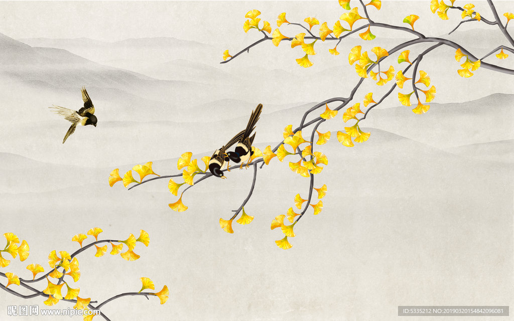 中式银杏花鸟
