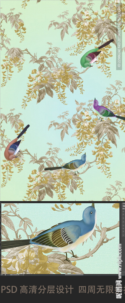 新中式手绘花鸟工笔背景墙装饰画