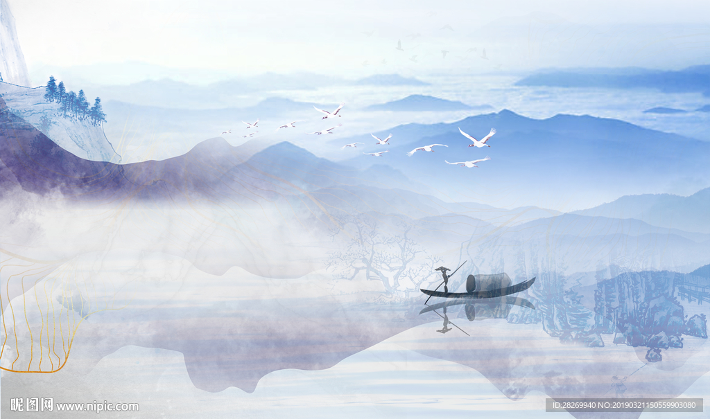 蓝色水墨山水