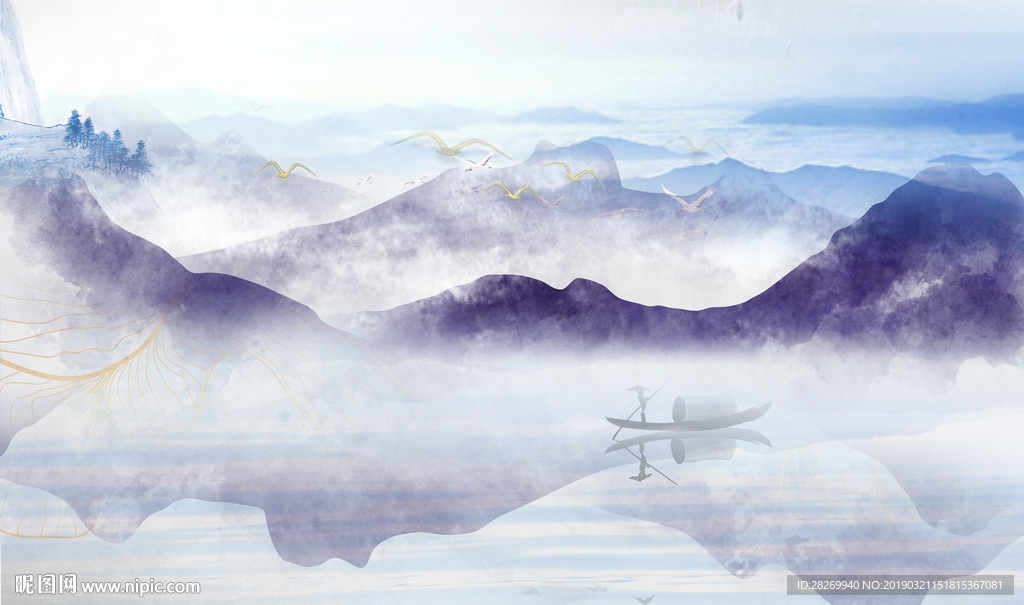 蓝色水墨山