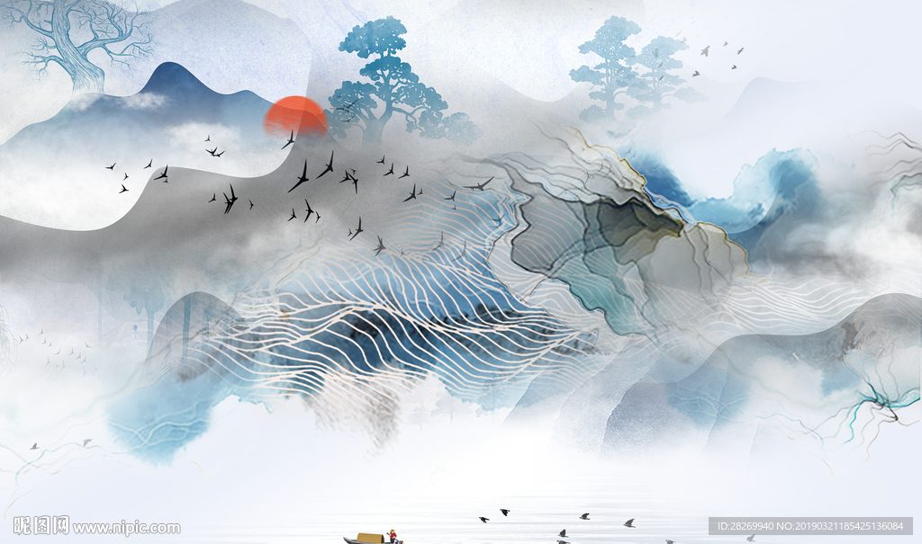 蓝色山水画