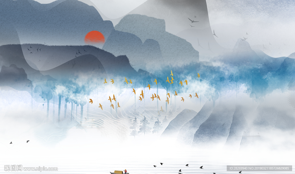 蓝色山水画