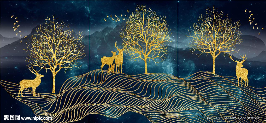 轻奢金箔森林麋鹿风景装饰无框画