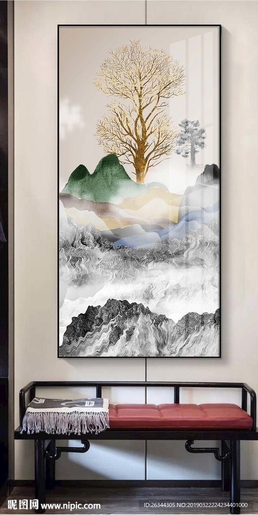 新中式山水发财树玄关装饰画