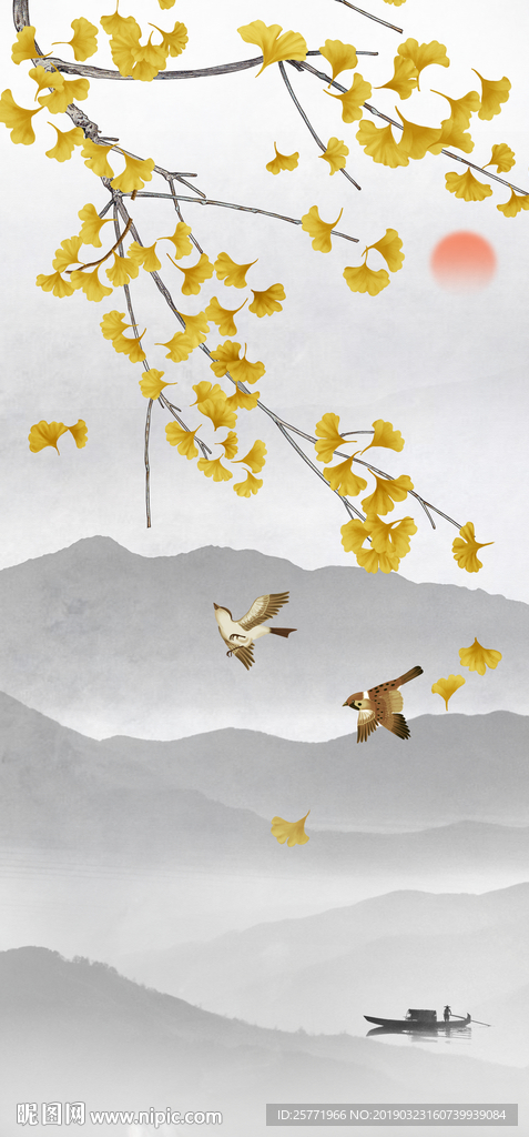 银杏花鸟装饰画 花鸟挂画