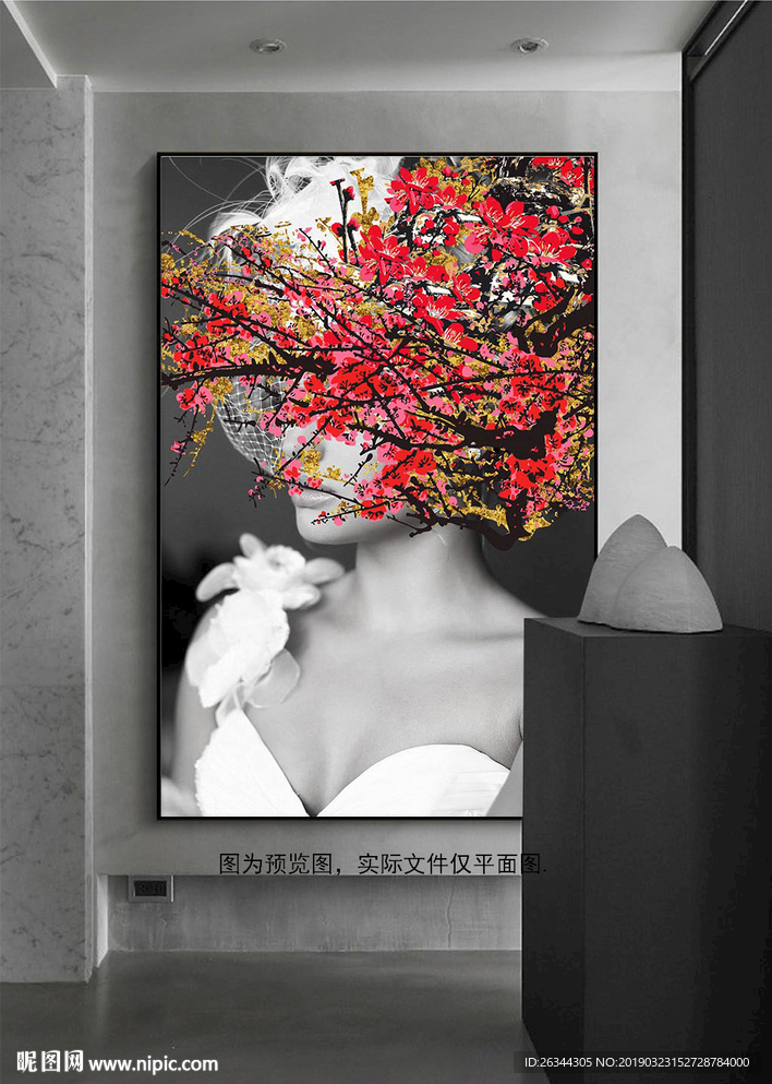 中国风梅花黑白美女装饰画