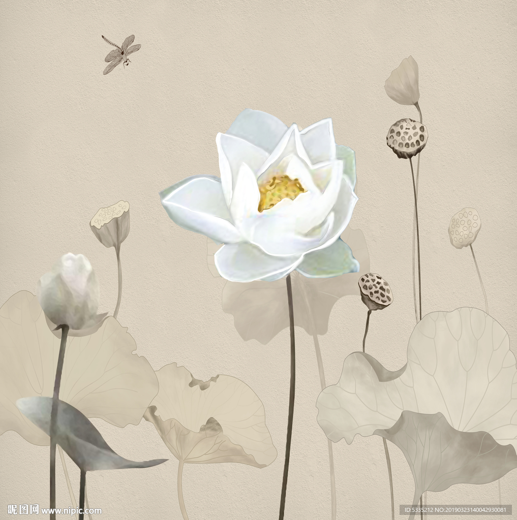 新中式水墨荷花手绘