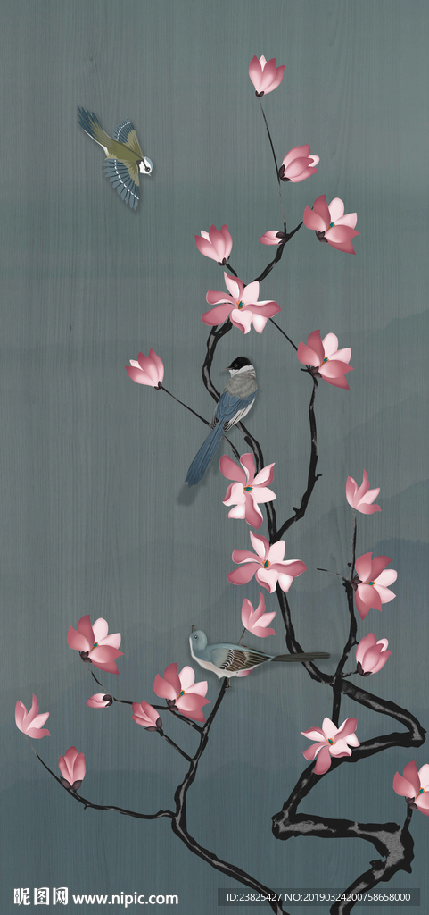 新中式手绘玉兰花鸟玄关背景墙