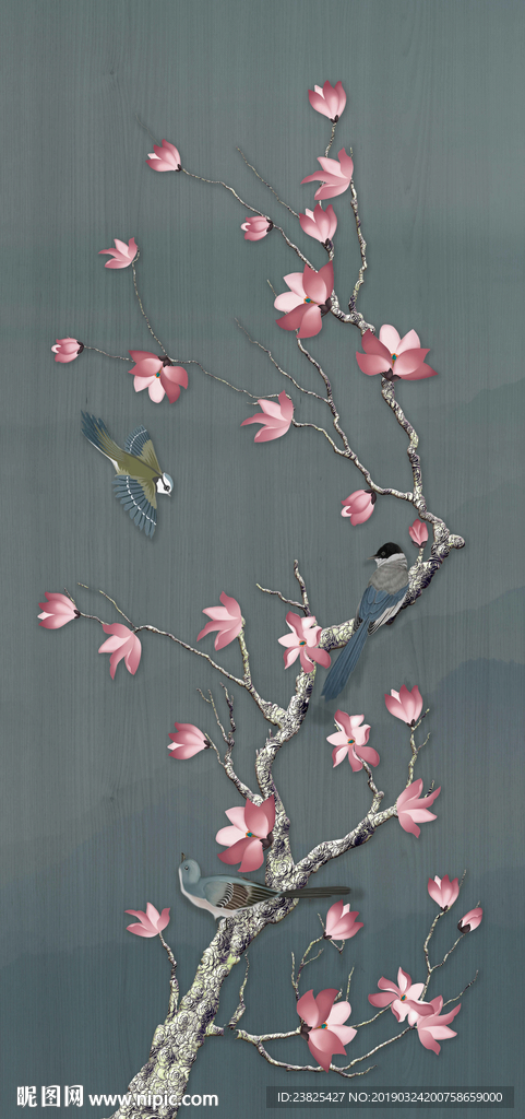 新中式手绘工笔花鸟玄关背景墙