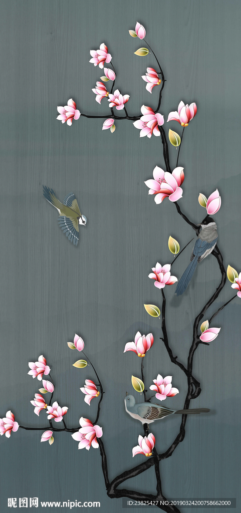 新中式玉兰花鸟山水玄关背景墙