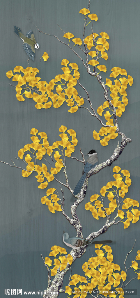 新中式手绘银杏花鸟玄关背景墙