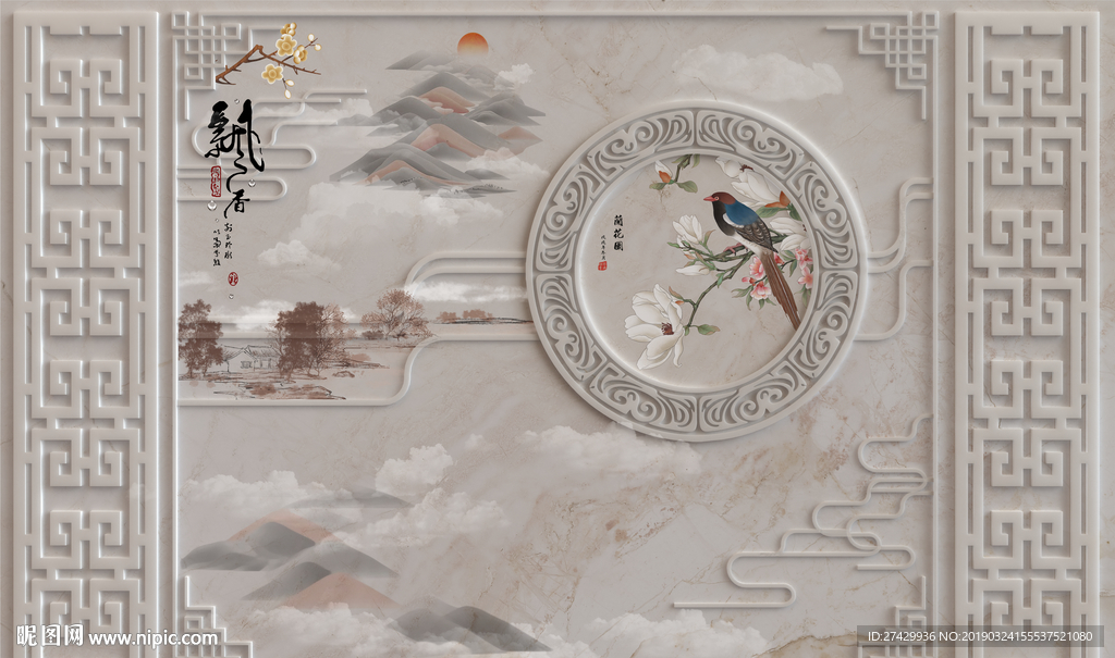 新中式边框护墙花鸟山水大型壁画