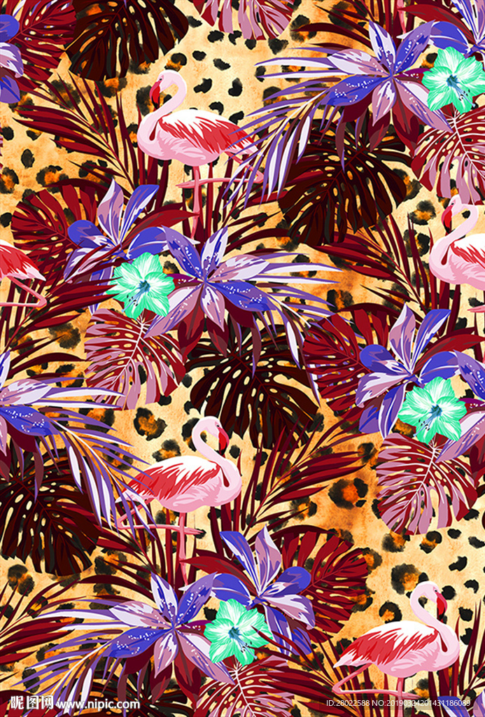 手绘热带植物火烈鸟服装图案
