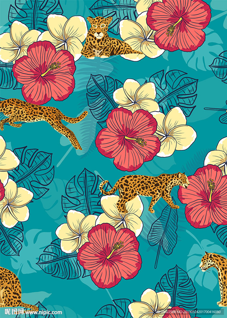 手绘热带植物花卉猎豹服装图案