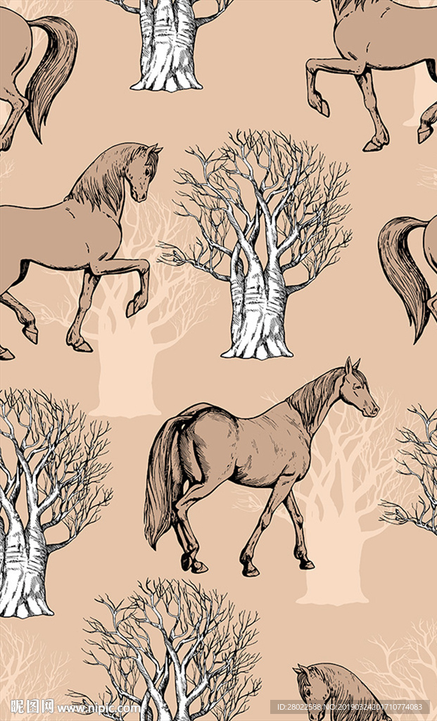 手绘植物动物马图案墙纸素材
