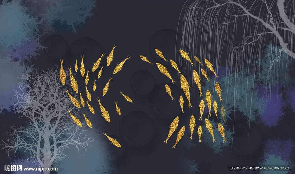 金色鲤鱼抽象柳树深色背景墙