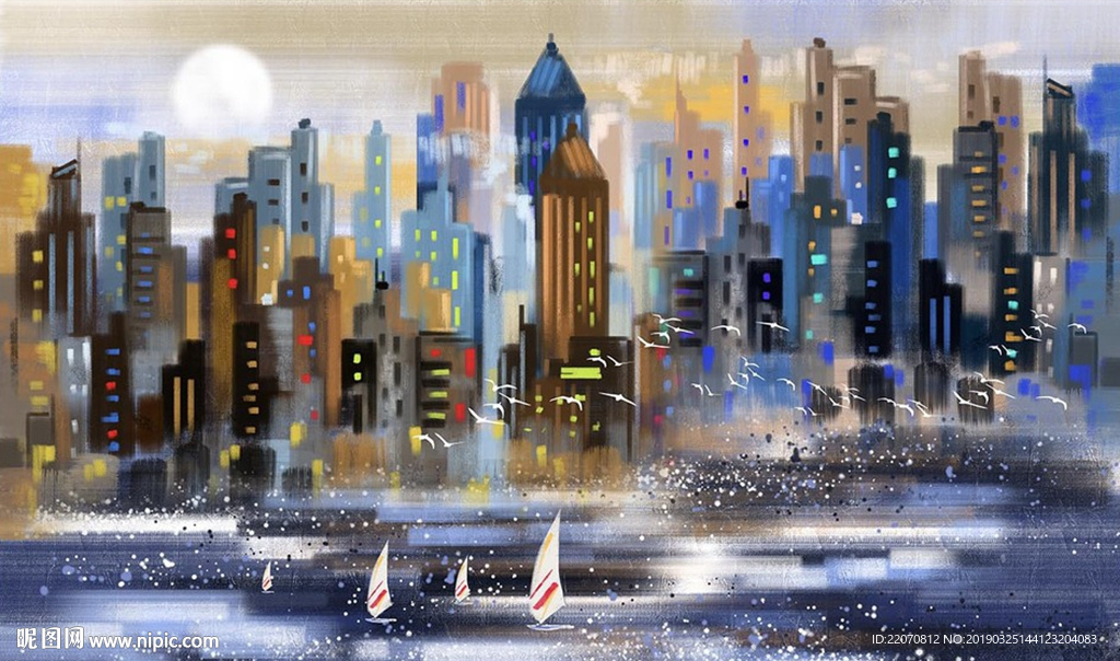 现代手绘抽象城市风景油画背景墙