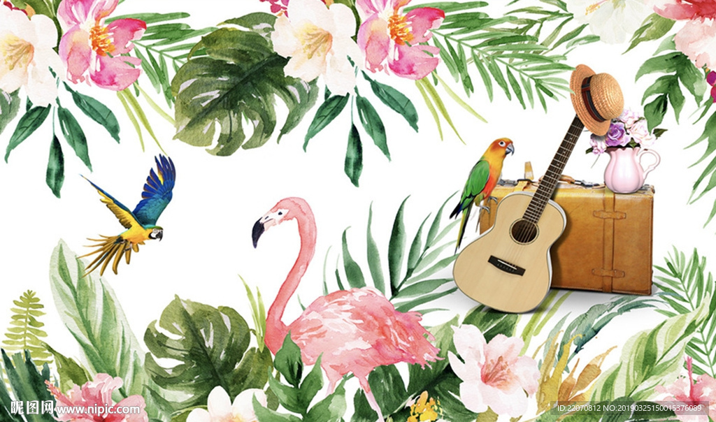 现代唯美芭蕉叶火焰鸟鹦鹉背景墙