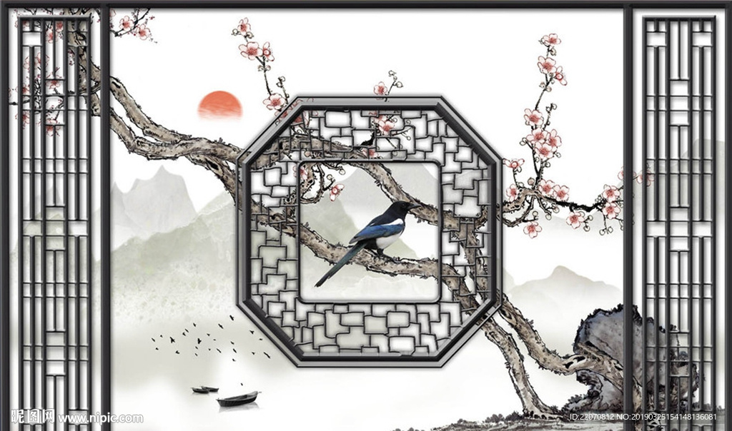 工笔手绘梅花花鸟浮框背景墙