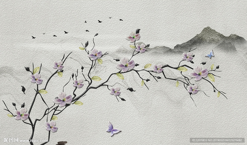 新中式玉兰花山水背景墙