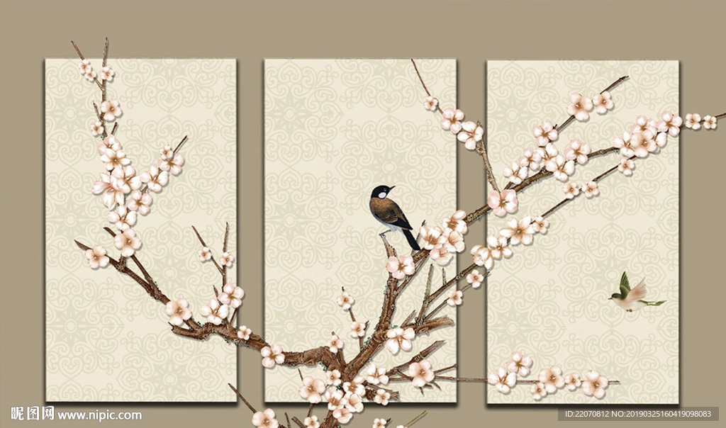 中国风复古花鸟背景墙