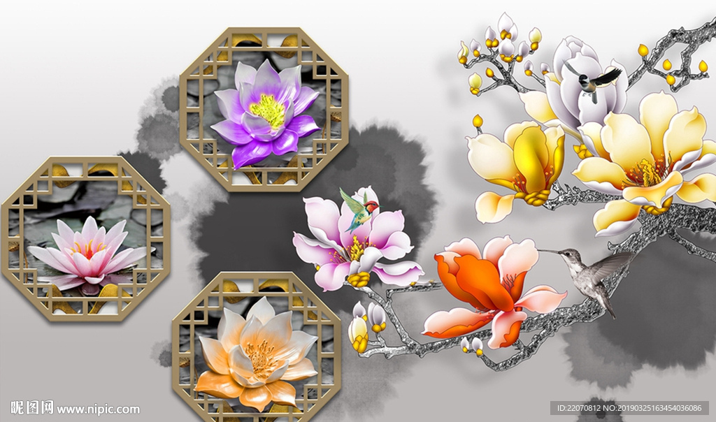 中式唯美花朵背景墙