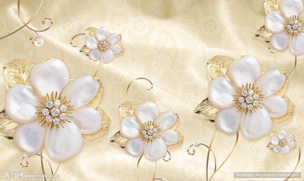 轻奢金色镶珠宝花卉背景墙