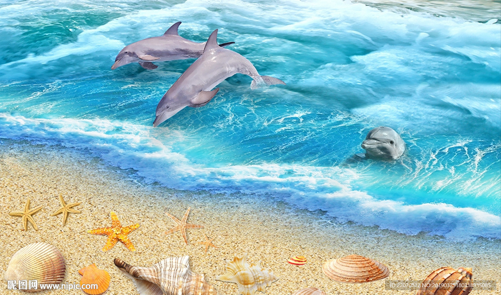 沙滩海豚工装背景墙