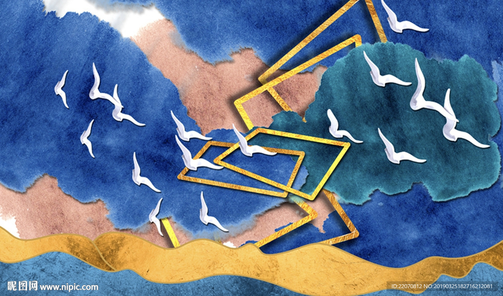 创意手绘水彩山峰飞鸟背景墙